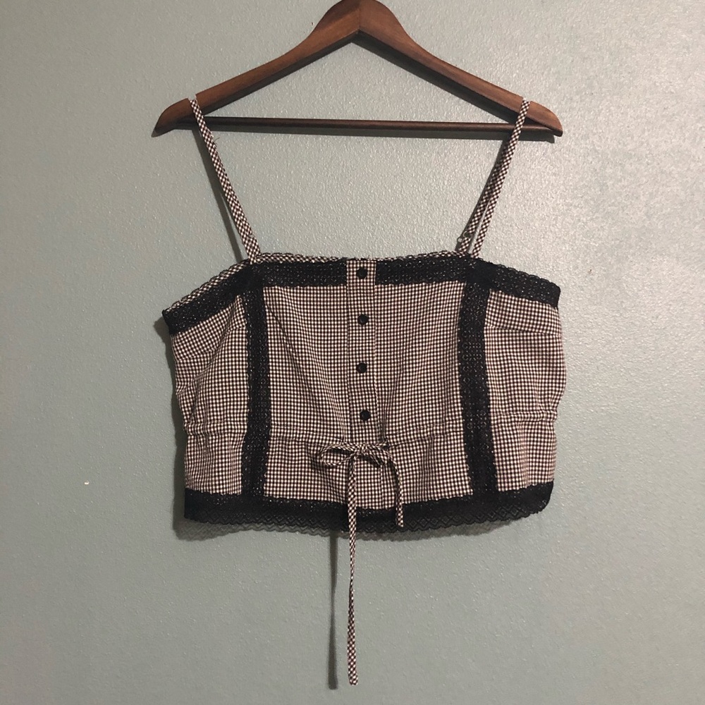 Grade & Gather Black Checkered Crop Top with Lace